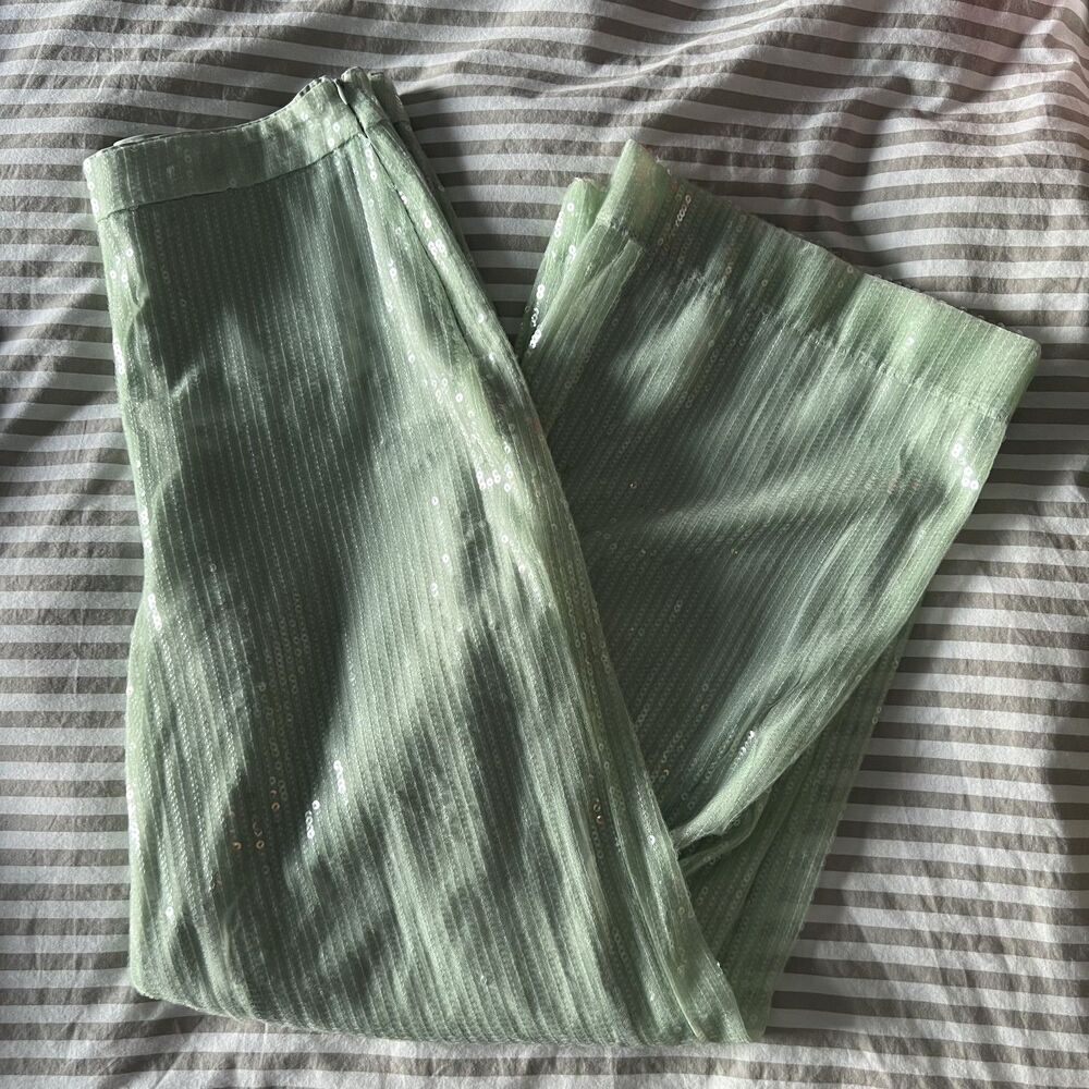 House of Harlow 1960 Sequin Wide Leg Trousers - Pistachio Sage Green - Size 6 - Picture 2 of 4